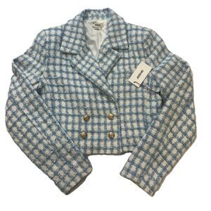 Jason Wu Tweed Cropped Jacket Womens 8 Blue White Plaid Gold Button NWT